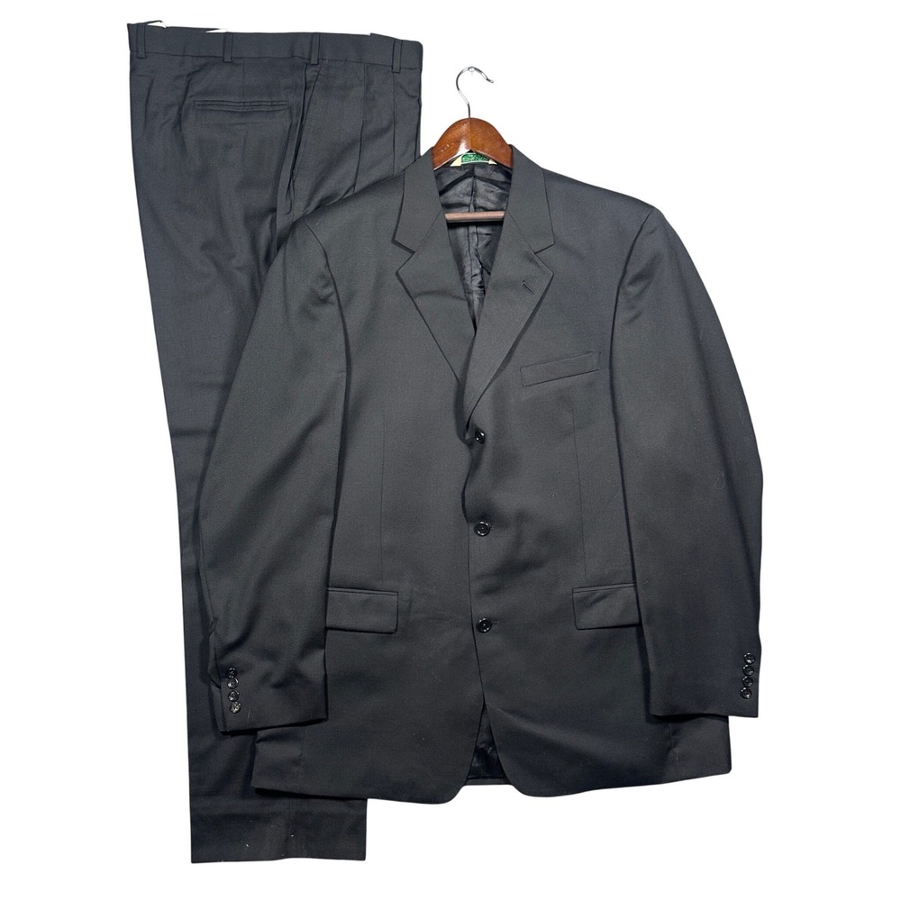 Palm Beach Suit Men Black Excellent 100% Pure Wool 3 Button Pleated Hartmarx